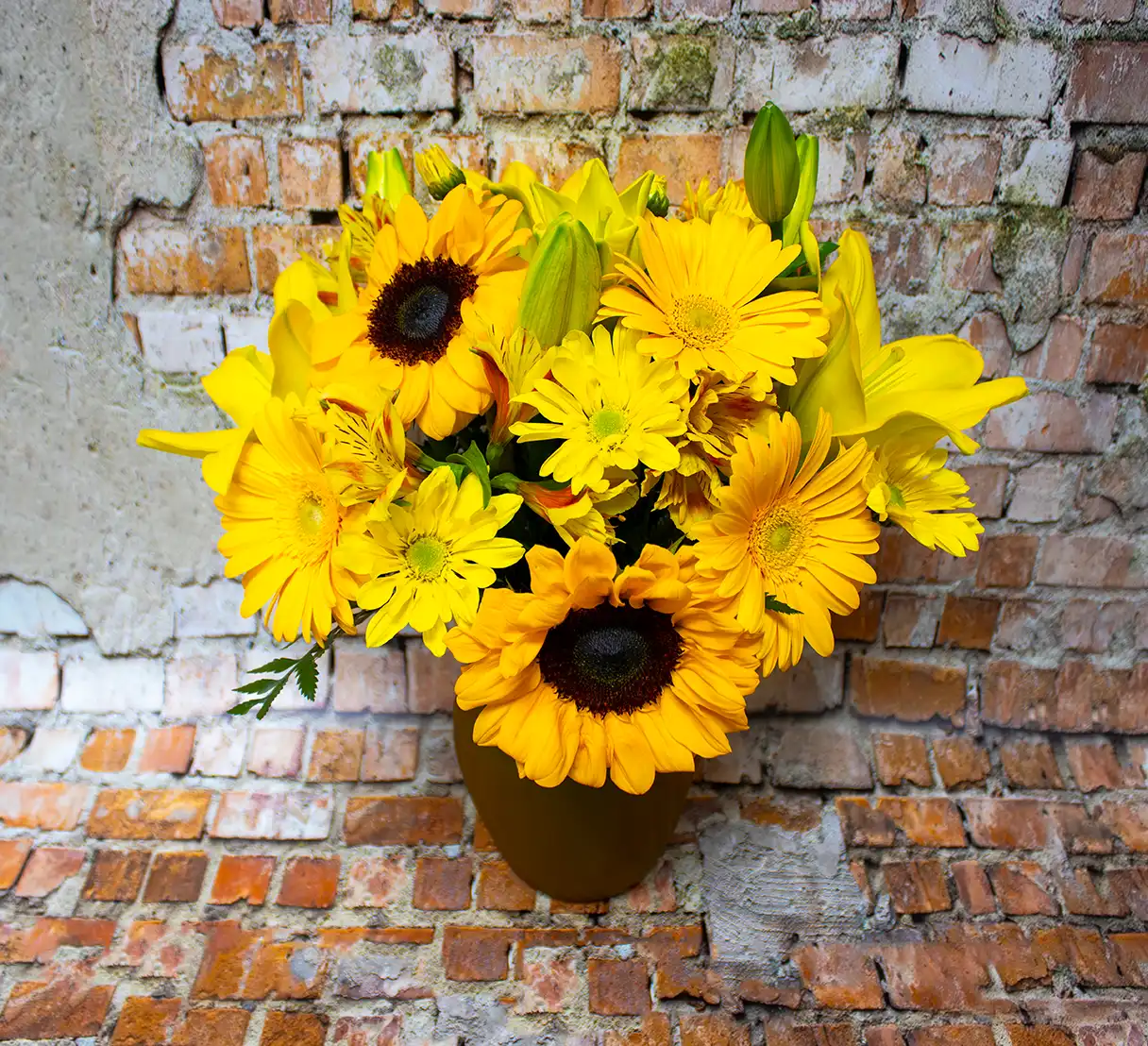 An all-yellow floral bouquet featuring sunflowers, daisies, and Asiatic lilies is a stunning embodiment of cheerfulness and warmth. This radiant arrangement combines these bright blooms to create a harmonious and uplifting display.