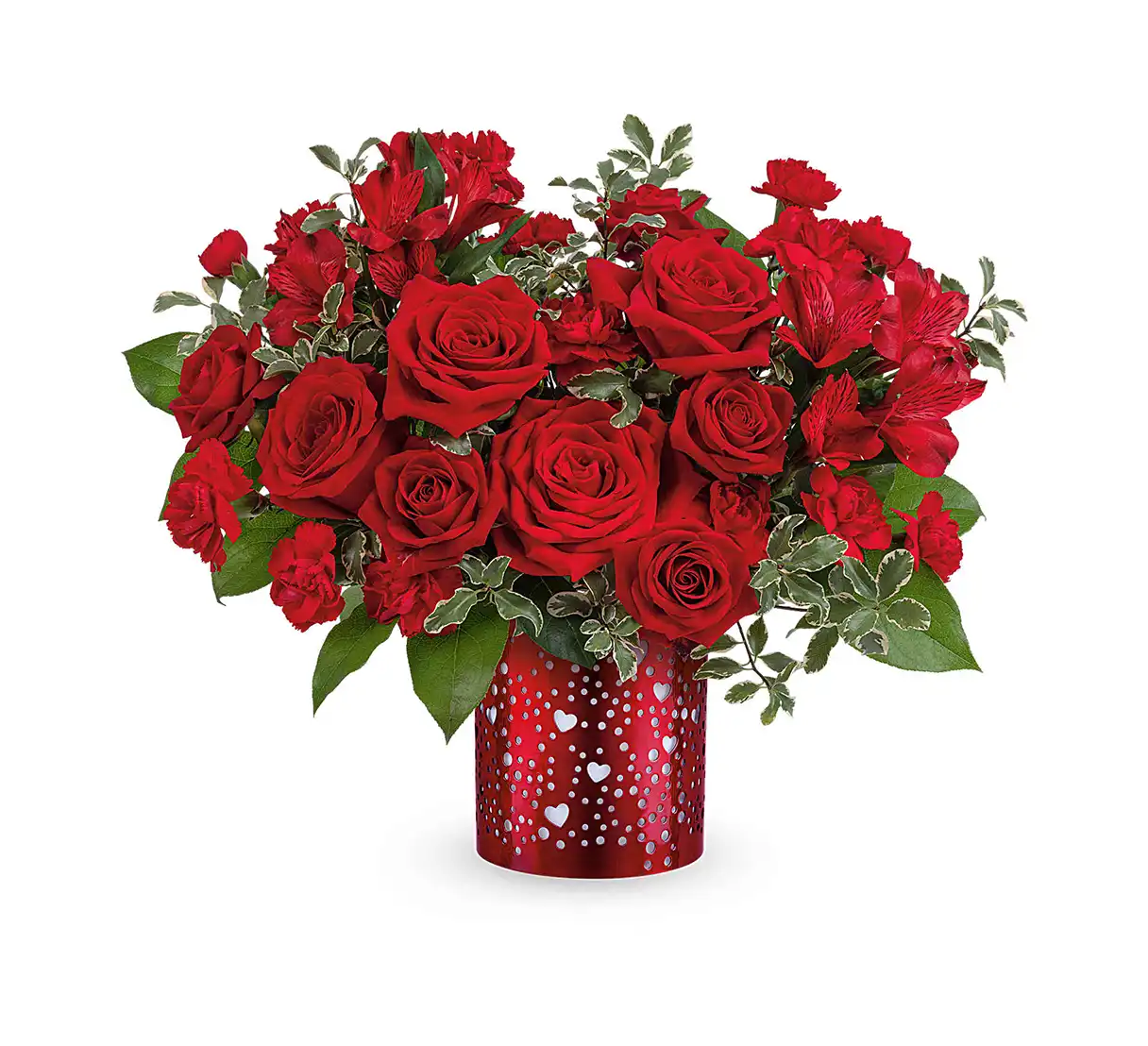 Red rose and carnation bouquet in a red metal lantern with heart cutouts.